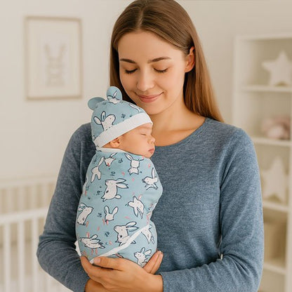 Maman souriante aux cheveux châtains en pull gris tenant son nouveau-né emmailloté dans couverture bleue à motifs de lapins blancs avec bonnet assorti