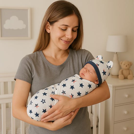 Jeune maman souriante aux cheveux châtains portant  t-shirt gris, tenant tendrement son nouveau-né emmailloté dans couverture à motifs d'étoiles avec bonnet coordonné, dans chambre de bébé moderne