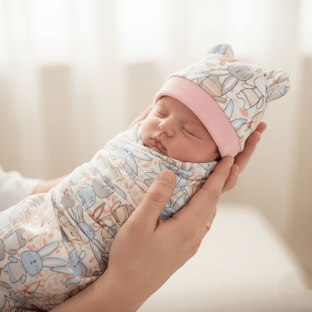 Nouveau-né tenu délicatement dans des mains, portant  ensemble à motifs de lapins colorés avec bonnet rose 