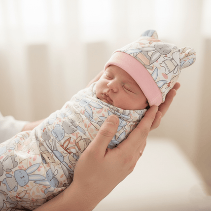 Nouveau-né tenu délicatement dans des mains, portant  ensemble à motifs de lapins colorés avec bonnet rose 