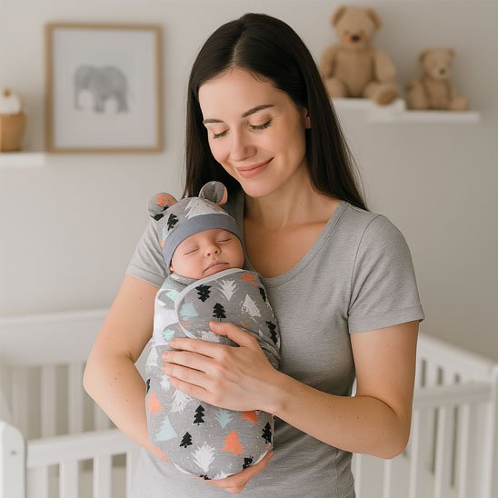 Jeune maman brune en t-shirt gris tenant tendrement son bébé emmailloté dans  couverture grise à motifs de sapins colorés
