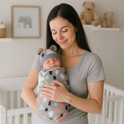 Jeune maman brune en t-shirt gris tenant tendrement son bébé emmailloté dans  couverture grise à motifs de sapins colorés