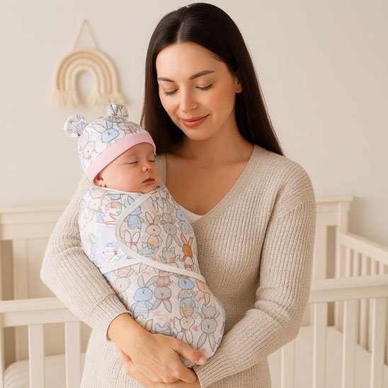 Maman brune en pull beige tricoté tenant avec amour son bébé emmailloté dans couverture à motifs de lapins pastel avec bonnet rose assorti, dans  chambre d'enfant décorée de arc-en-ciel en macramé et de lit blanc