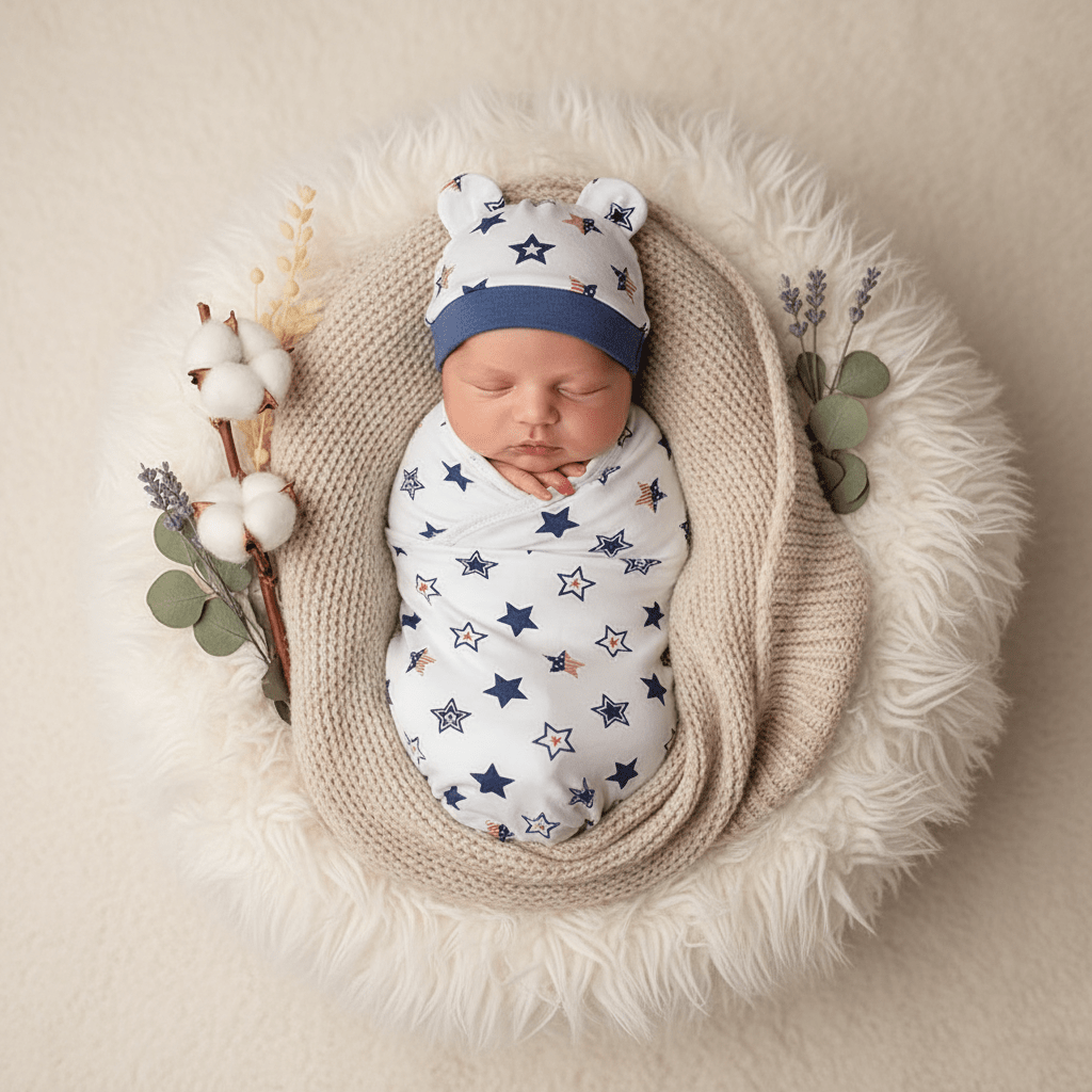 Nouveau-né paisiblement endormi dans panier en osier tressé, emmailloté dans Couverture emmaillotage blanche à motifs d'étoiles bleues et roses