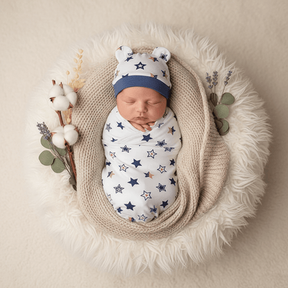 Nouveau-né paisiblement endormi dans panier en osier tressé, emmailloté dans Couverture emmaillotage blanche à motifs d'étoiles bleues et roses