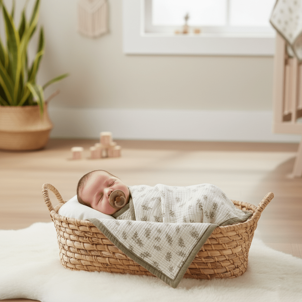 Bébé dort profondément dans son couffin, enveloppé par la Couverture en Mousseline - Feuille d'Automne
