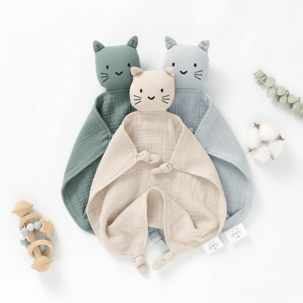 Trois doudous chat colorés : beige, vert d'eau, bleu clair.