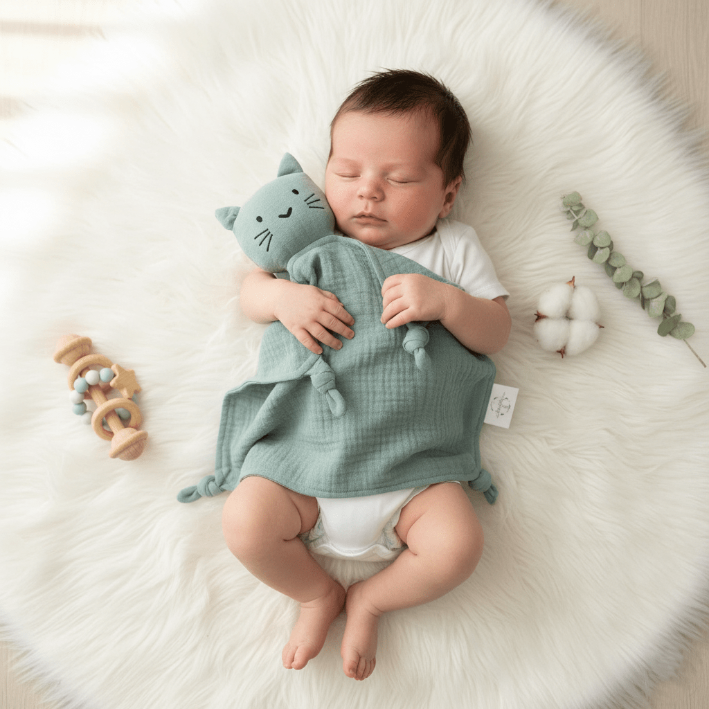 bébé endormi serrant un doudou chat vert doux sur tapis blanc