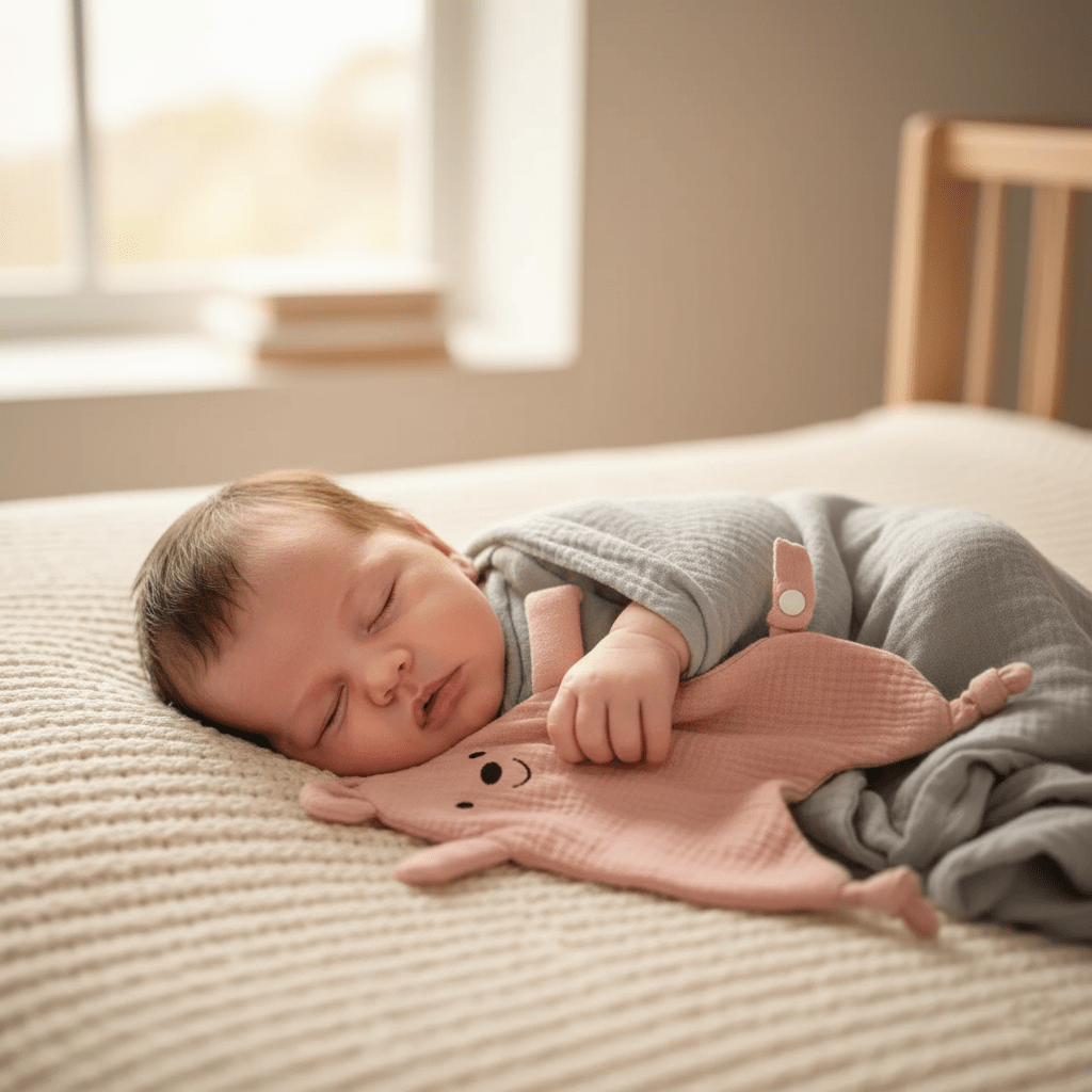 Nouveau-né dormant avec doudou souris rose