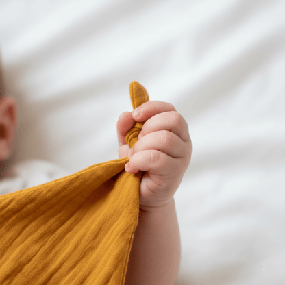 Main bébé tenant doudou souris moutarde doux