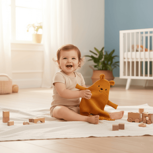 Bébé souriant jouant avec doudou souris moutarde