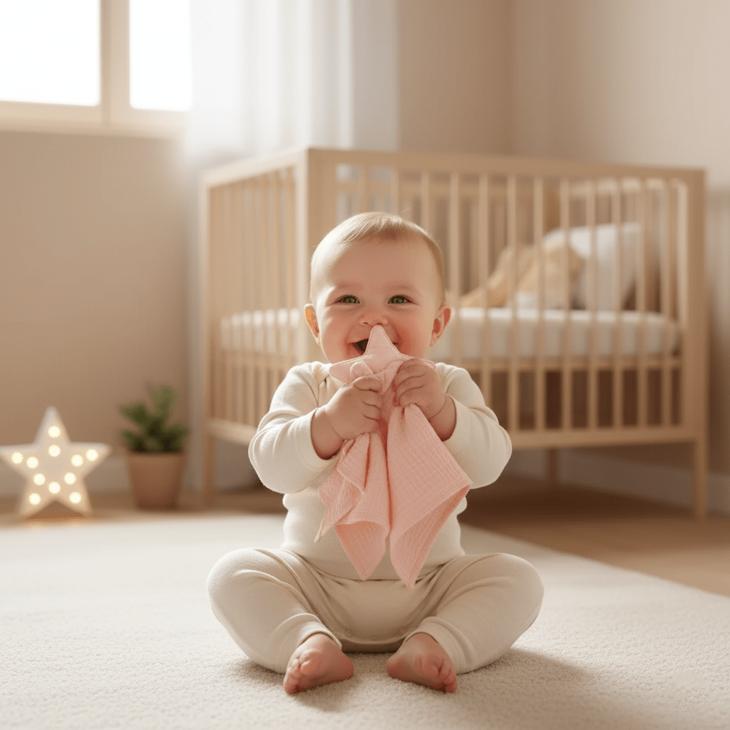 Bébé souriant tenant  doudou étoile rose dans chambre lumineuse avec lit en bois
