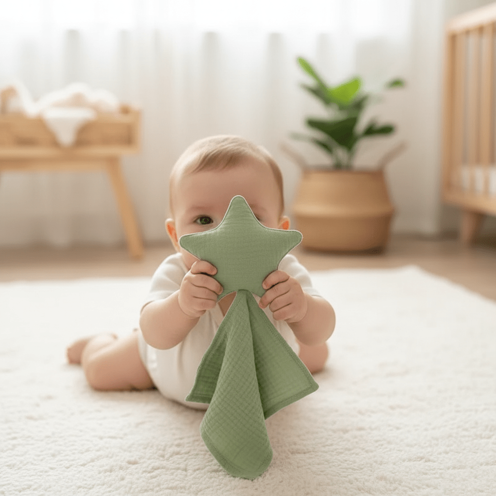 Bébé assis tenant  doudou étoile vert devant son visage dans chambre apaisante
