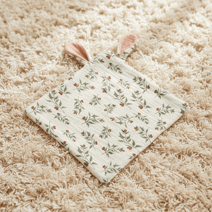 Doudou lapin bébé coton motif floral oreilles roses