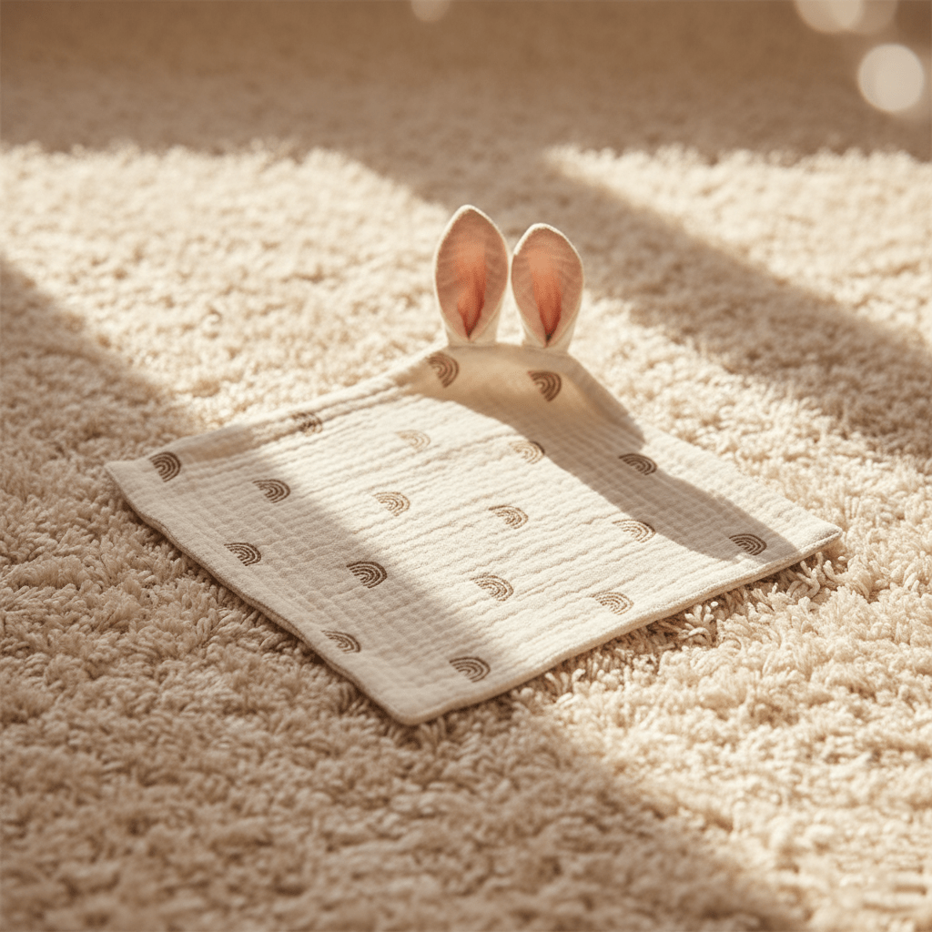 Doudou lapin beige motif arc-en-ciel coton bébé