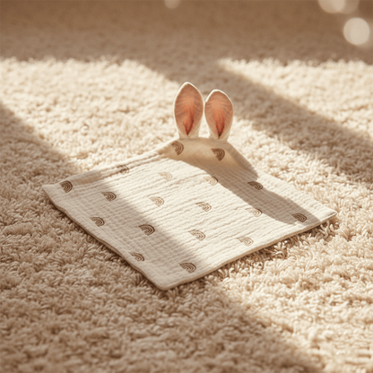 Doudou lapin beige motif arc-en-ciel coton bébé