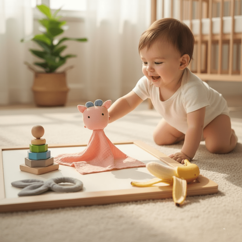 Bébé joyeux jouant avec doudou Petite Vache rose et  jouets en bois. Développement moteur enfant au sol