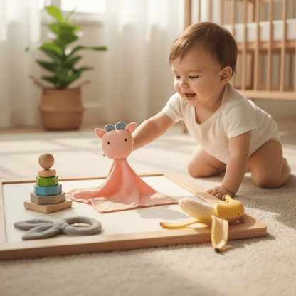 Bébé joyeux jouant avec doudou Petite Vache rose et  jouets en bois. Développement moteur enfant au sol