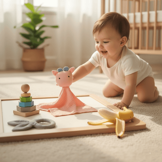 Bébé joyeux jouant avec doudou Petite Vache rose et  jouets en bois. Développement moteur enfant au sol