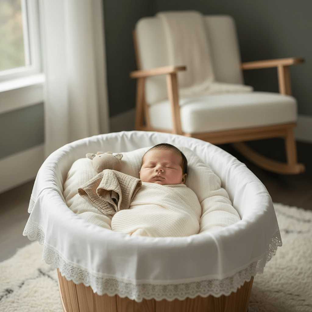 Nouveau-né paisiblement endormi dans couffin berceau blanc en osier avec doudou bebe kaki