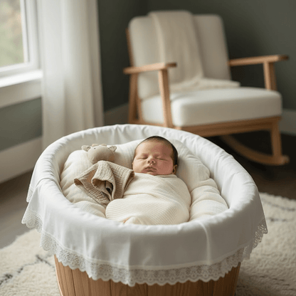 Nouveau-né paisiblement endormi dans couffin berceau blanc en osier avec doudou bebe kaki