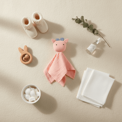 doudou est rose pâle avec de petites cornes/oreilles bleues très claires