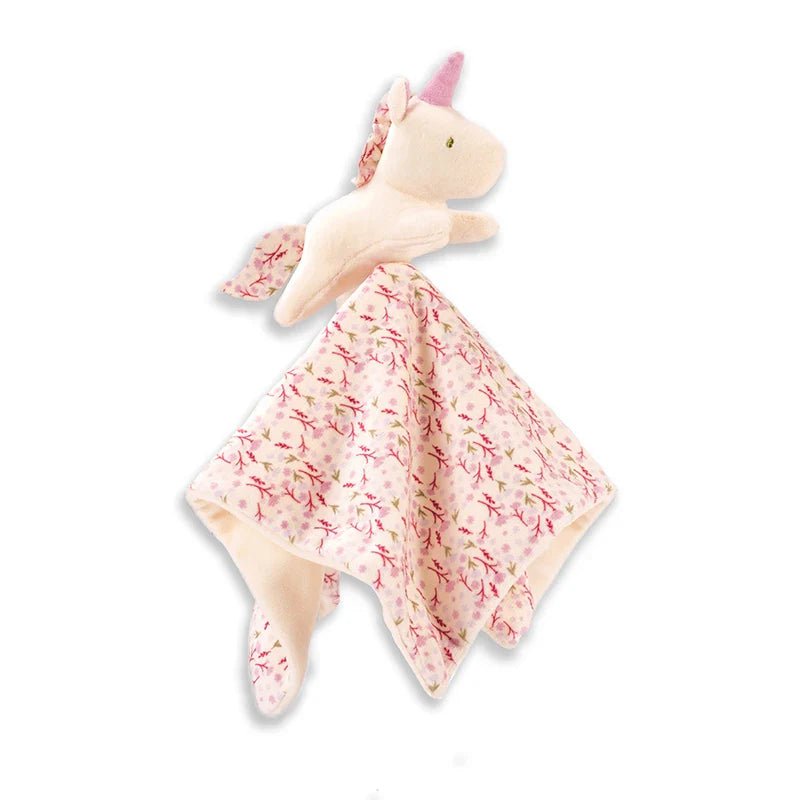Doudou bébé licorne rose avec couverture fleurie douce