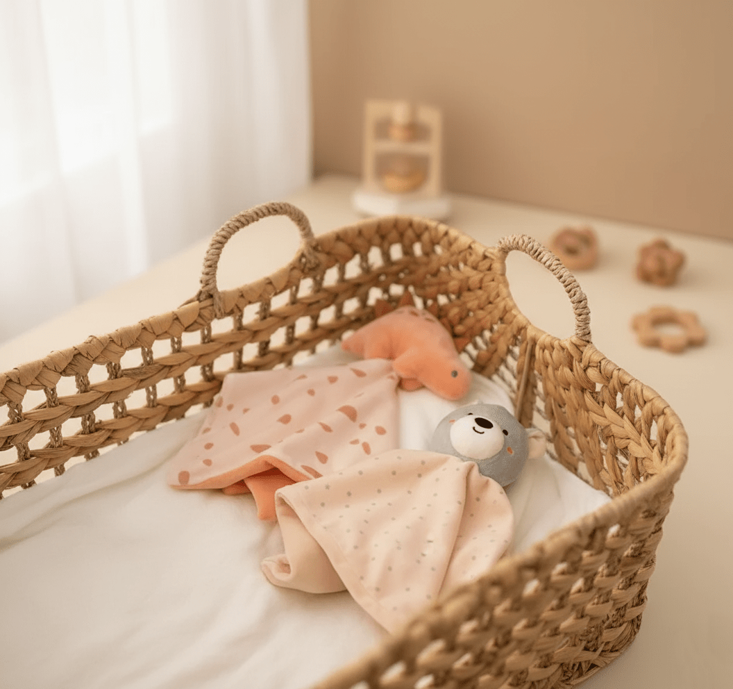 Doudou bébé dinosaure et ours dans panier en osier