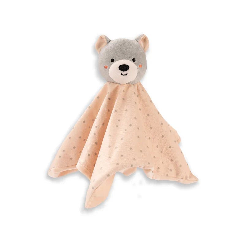 Doudou bébé ours gris avec couverture beige à pois