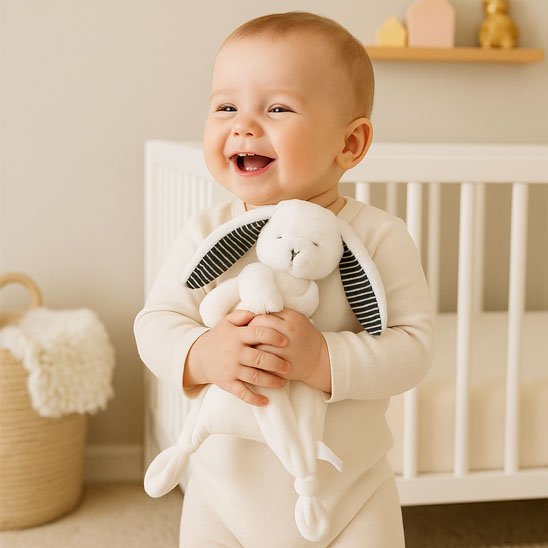 Bébé souriant joyeusement avec doudou lapin blanc ultra-doux dans ses mains
