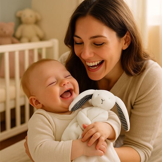 Bébé souriant joyeusement tenant doudou lapin blanc ultra-doux dans ses mains
