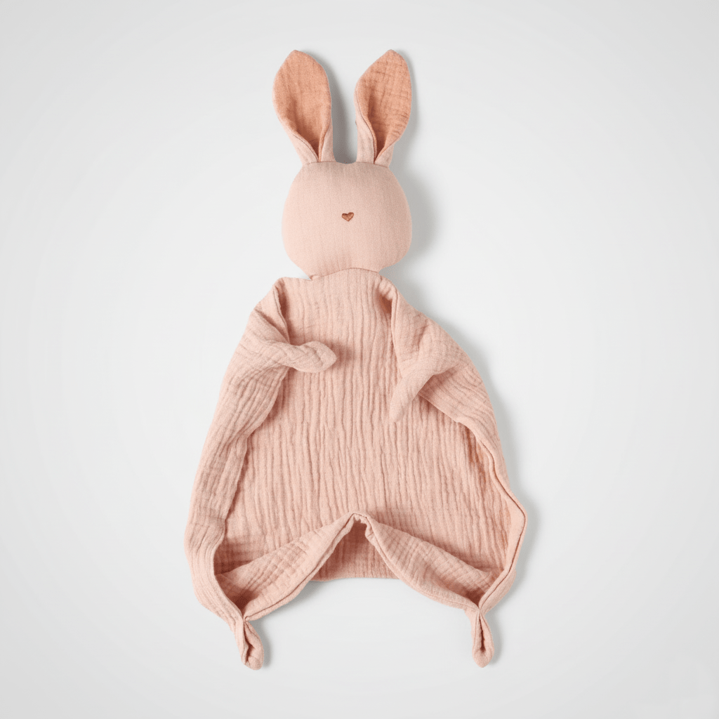 Doudou Lapin rose pâle en mousseline avec petit cœur brodé, présenté à plat.
