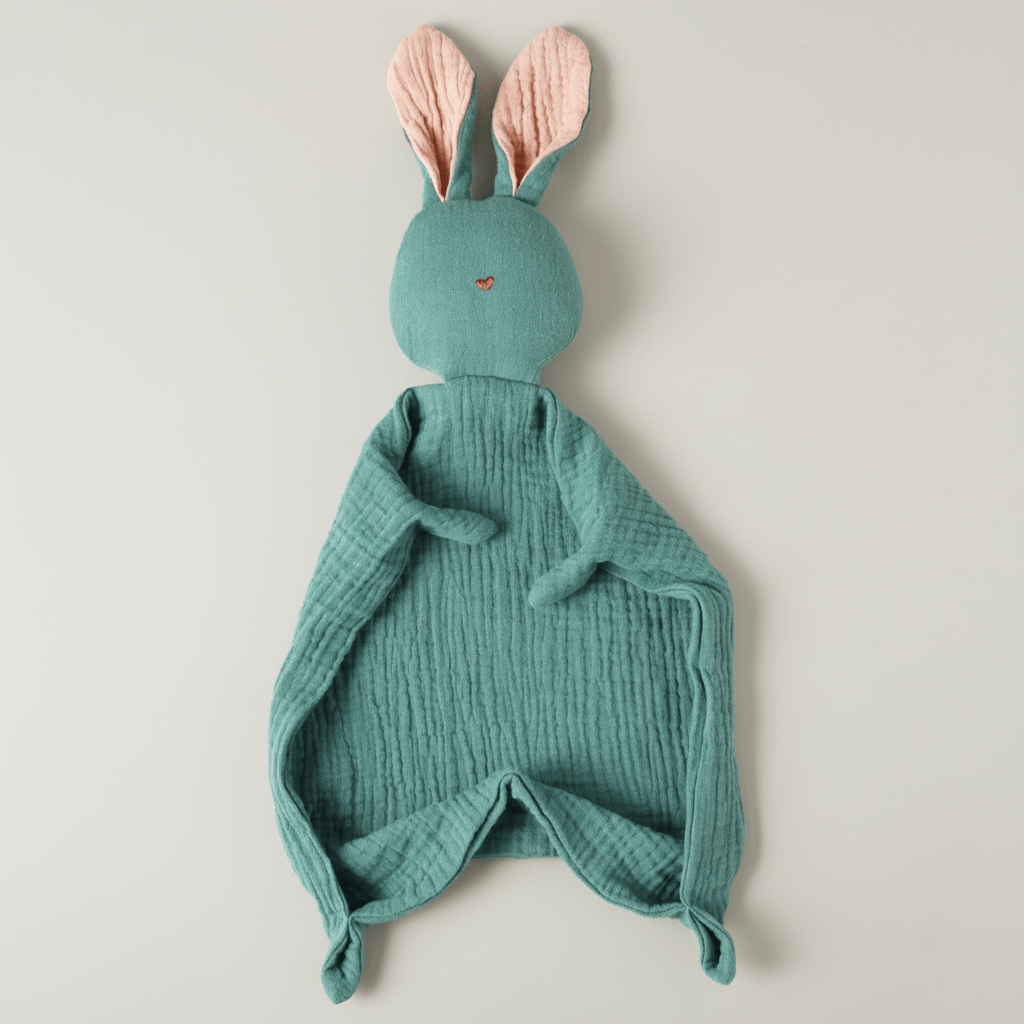 Doudou Lapin aux Grandes Oreilles vert menthe, texture douce en gaze de coton