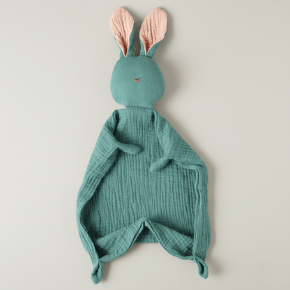 Doudou Lapin aux Grandes Oreilles vert menthe, texture douce en gaze de coton