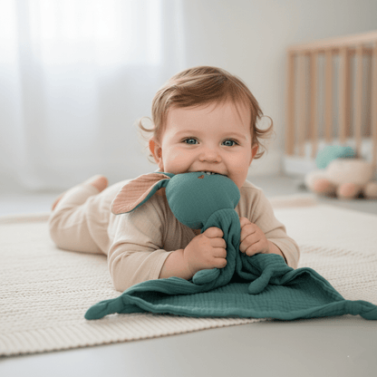 Bébé souriant mordillant  doudou lapin vert sur  tapis beige clair