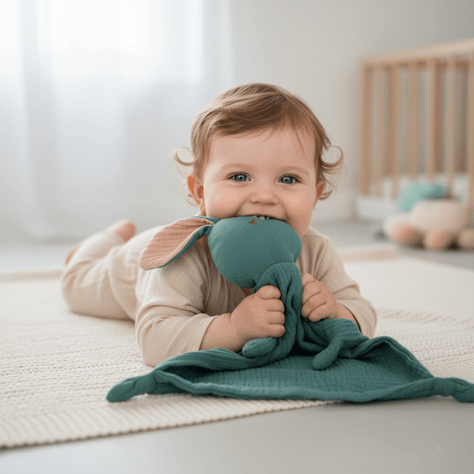 Bébé souriant mordillant  doudou lapin vert sur  tapis beige clair