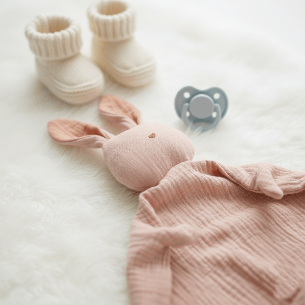 Doudou lapin rose avec petite broderie cœur, tétine bleue et chaussons blancs, sur fourrure blanche