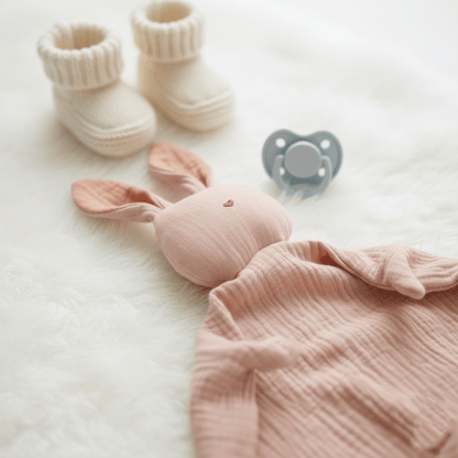 Doudou lapin rose avec petite broderie cœur, tétine bleue et chaussons blancs, sur fourrure blanche