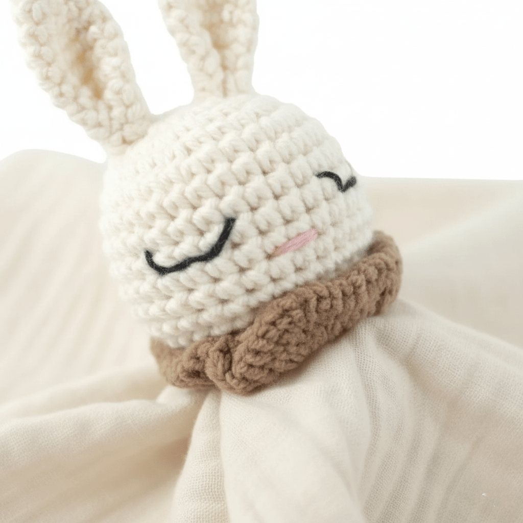 Doudou Lapin En Crochet fait main détail visage souriant doux et moderne 