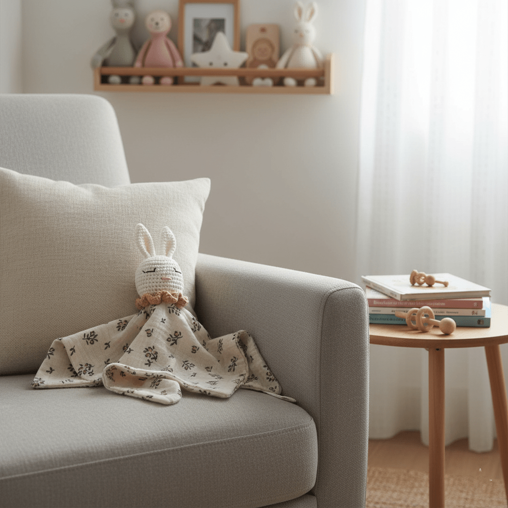 Doudou Lapin En Crochet décoratif sur fauteuil chambre bébé cosy