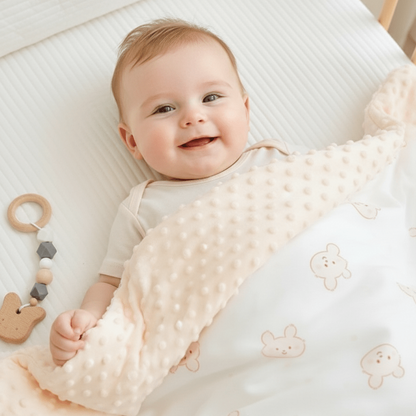 bébé souriant et éveillé, regardant la caméra, avec doudoune similaire à celle que vous avez montrée