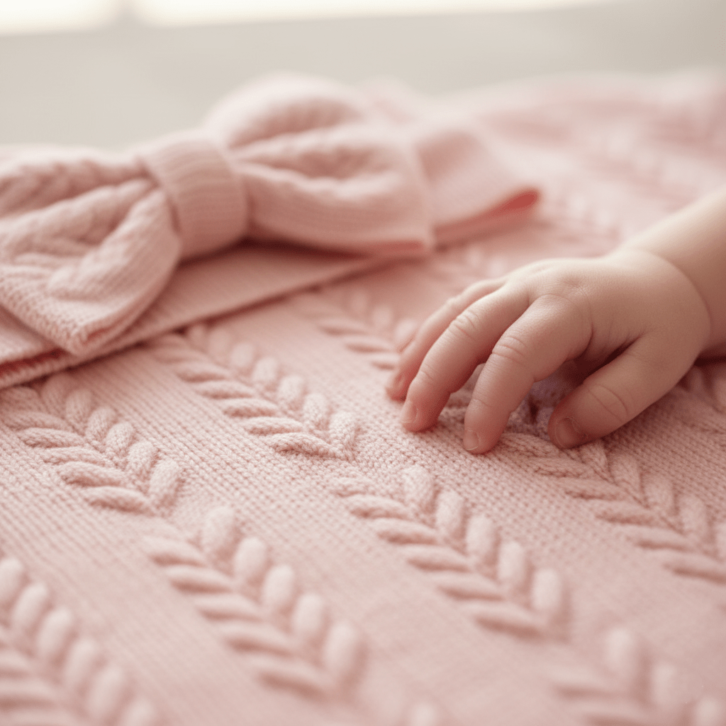 Gros plan main de bébé fille sur couverture en maille torsadée rose doux avec grand nœud