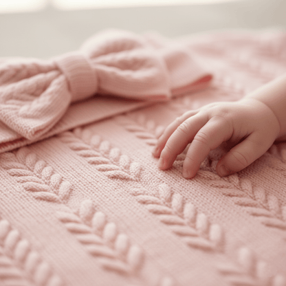 Gros plan main de bébé fille sur couverture en maille torsadée rose doux avec grand nœud