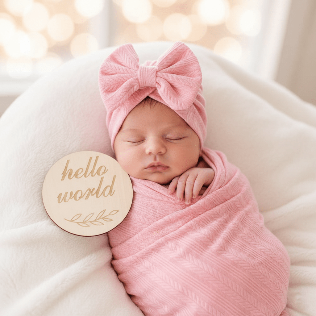 Nouveau-né bébé fille dormant paisiblement, enveloppé dans un emmaillotage rose doux avec bandeau assorti. 