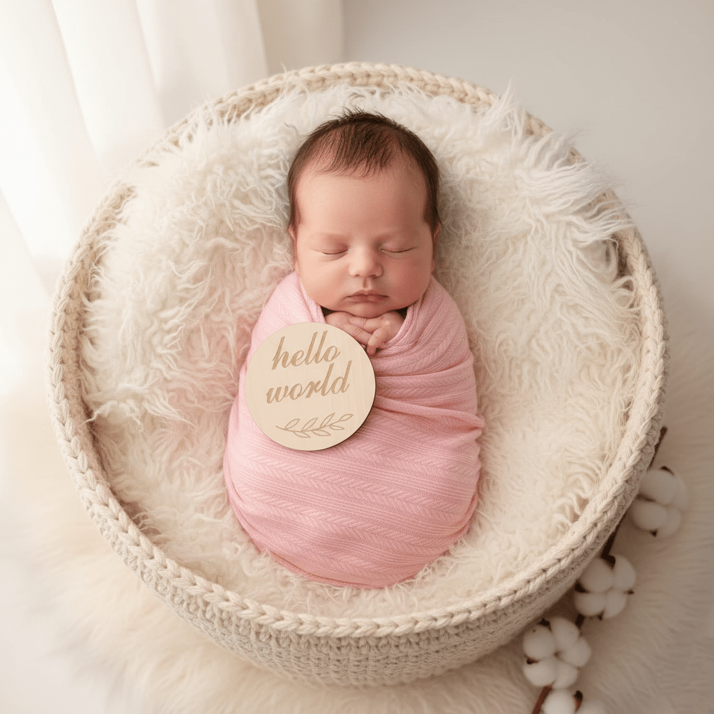 Nouveau-né profondément endormi, serré dans un emmaillotage rose doux, reposant dans un panier touffu