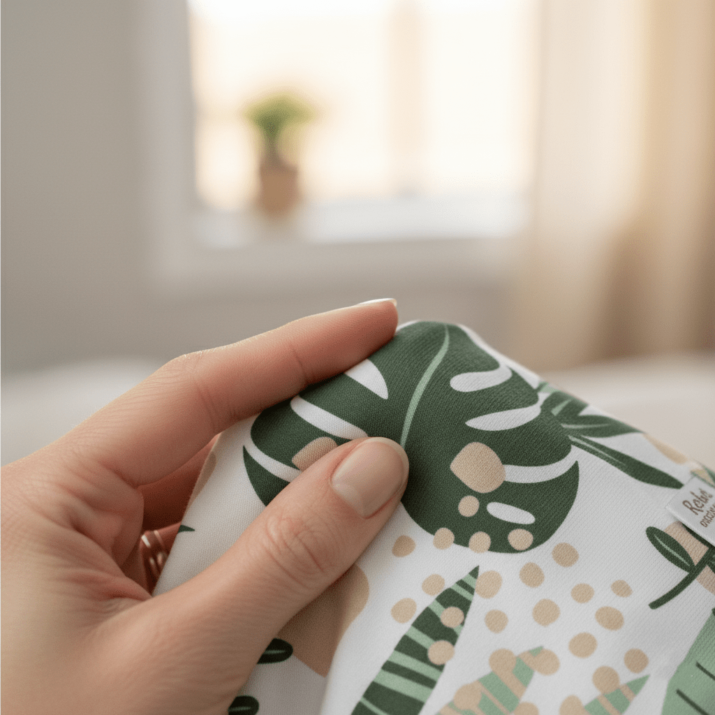 Emmaillotage Bébé - Lot de 3 couvertures - Détail du tissu avec motif feuilles tropicales vertes