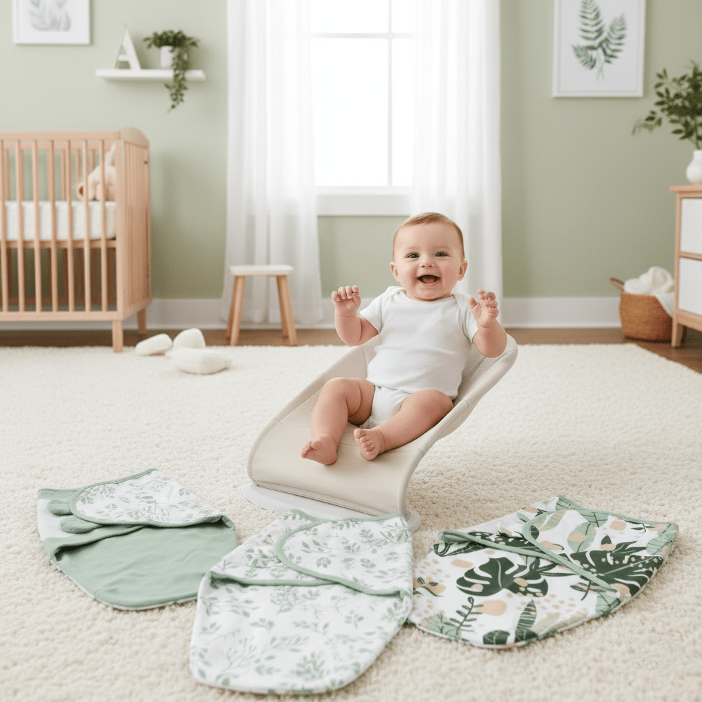 Bébé heureux avec le lot de 3 emmaillotages motif tropical