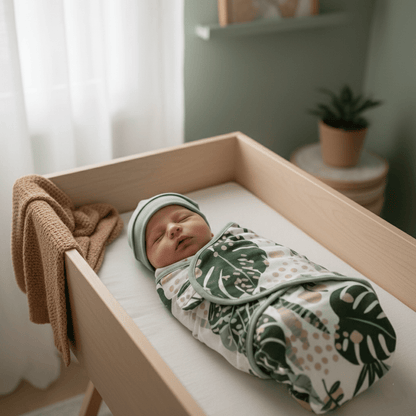 Nouveau-né paisiblement endormi dans un berceau en bois, emmailloté dans une couverture motif tropical