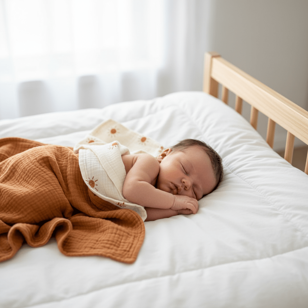  Bébé dort paisiblement sur lit blanc, couvertures terracotta et soleil. Lumière douce