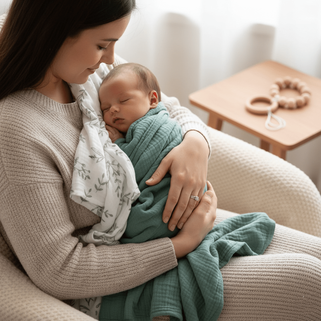  Mère berce bébé endormi, couverture verte et feuille. Moment tendre et doux.